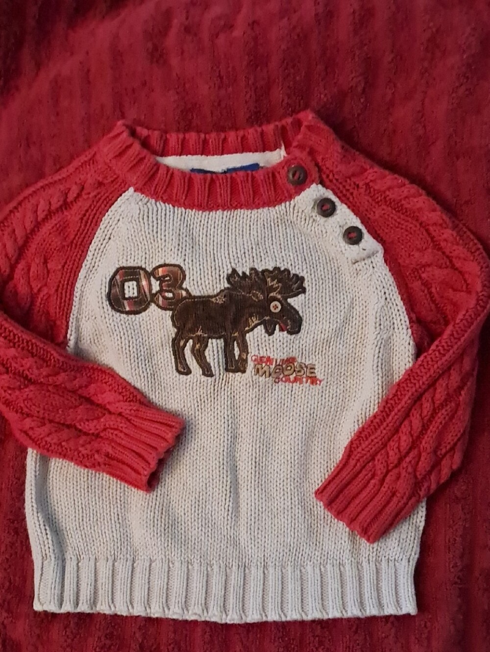 Kids Red & Cream Moose Knit Sweater with Button Shoulder